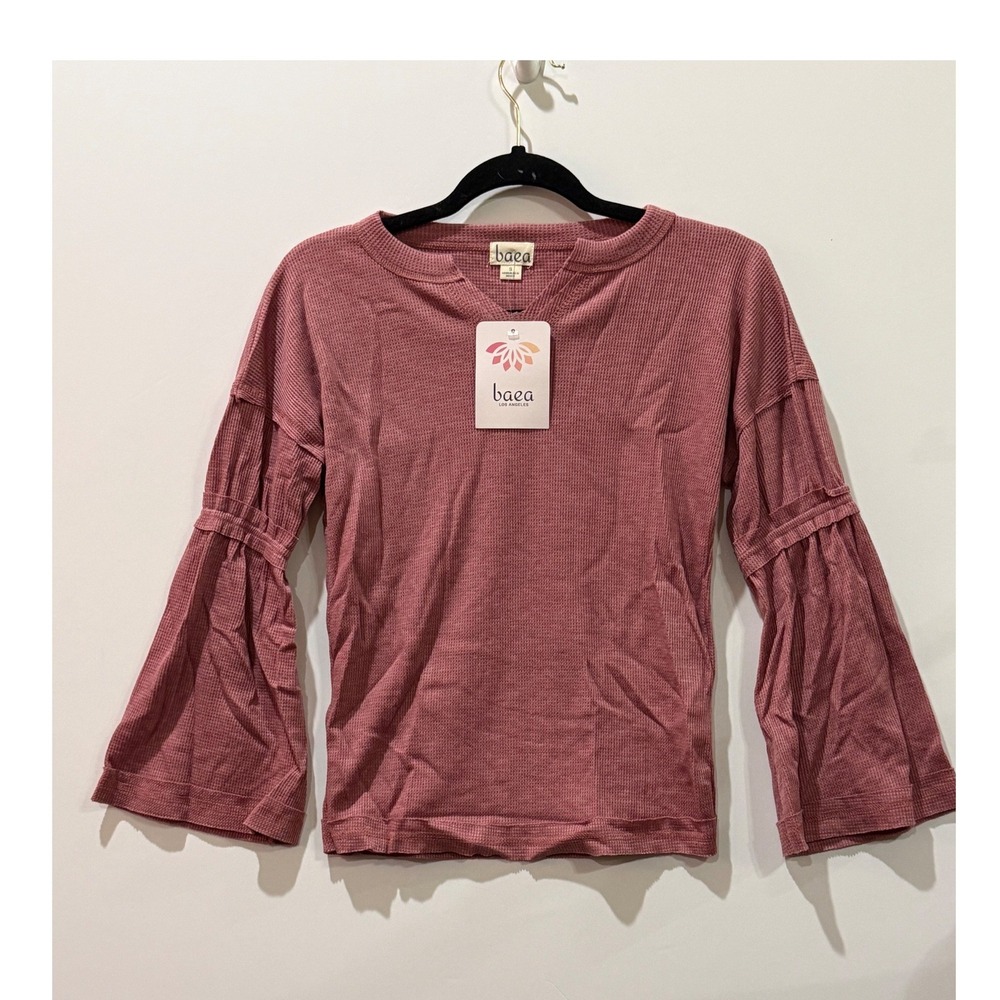 Baea Waffle Knit Top Women S Pink NEW Bell Sleeve Thermal TH-004